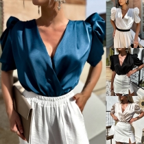 Mode V-ringad puffärm kortärmad blus