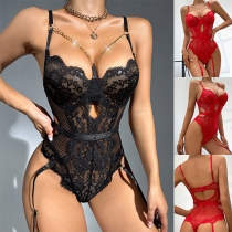 Sexig Kedja Fram Cutout Spets Underkläder Bodysuit