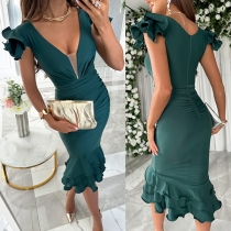Sexig V-ringad volang ärmslag Ruched volang kant Bodycon Klänning