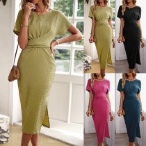 Fashion Texture Rundhals Kortärmad Främre Kors Ruched Sidoslits Bodycon Klänning