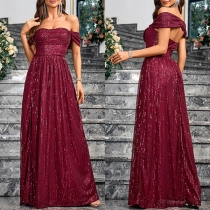 Elegant Paljettklädd Off-Shoulder Rygglös Maxi Festklänning