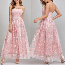Elegant blommig broderad axelbandslös tyllskuren rosa festklänning