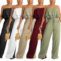 Axelbandslös volang topp Dragsko i midjan Jumpsuit med vida ben