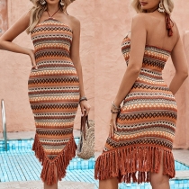 Bohemia Style Wave Printed Halterneck Open-back Toffs Hemline Bodycon Dress