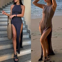 Sexig Vertikal Randig Rund Hals ärmlös Strandklänning med Hög Slits