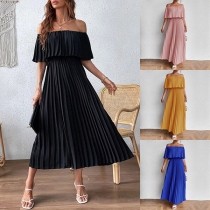 Sexig off-shoulder hög-midja plisserad klänning