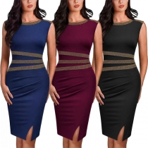 Mode Bling-bling Rundhals ärmlös slits Bodycon Klänning