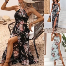 Bohemisk stil blommönstrad halterneck ärmlös midiklänning med sidslits
