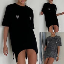 Avslappnad Rundhalsad kortärmad strass hjärta Mönster asymmetrisk fåll Shirt
