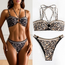 Sexig Halterneck rygglös leopardmönstrad tvådelad bikini