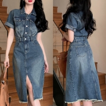 Vintage stativkrage kortärmad klänning med framslits och slitna kanter i gammaltvättad denim