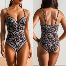 Sexig Leopardmönstrad V-ringad Baddräkt Monokini