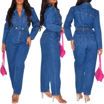 Mode Notch Lapel Långärmad Cinch Midja Vintage Tvättad Denim Jumpsuit