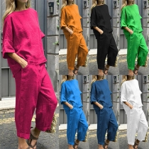 Avslappnad bekväm enfärgad bomulls- och linnetvådelad outfit med lös skjorta och byxor