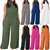 Casual Enfärgad Ärmlös Jumpsuit med Mock Neck i Bomull och Linne, Vida Ben