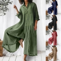 Bekväm enfärgad ståkrage långärmad lös jumpsuit i bomull och linne