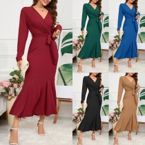 Elegant enfärgad V-ringad långärmad knytband Fishtail Bodycon-klänning