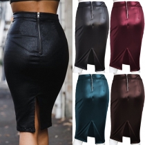 Mode enfärgad bak slits blixtlås Slim-fit konstläder PU kjol