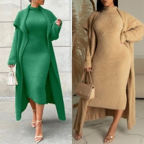 Mode enfärgad fluffig tvådelad outfit med Longline Cardigan och ärmlös tankklänning