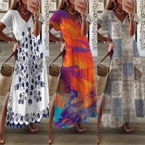 Retro Blue and White Porcelain Print Short Sleeve Round Neck Dress