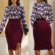 Mode Kontrastfärg Mönstrad Self-tie Crew Neck Långärmad Side Slit Bodycon Klänning