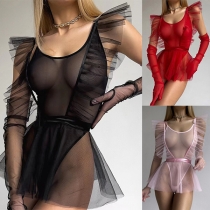Sexig halvtransparent Gaze Splits Ruffle Lingerie Set med handskar
