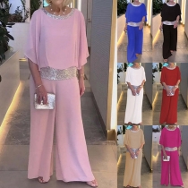Mode Bling-bling Paljetter Glittrande Tvådelat Set med Kortärmad Skjorta och Vida Byxor