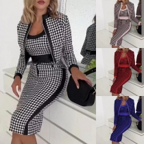 Vintage Houndstooth mönstrad tredelad set med Crop Top, pennkjol och kavaj