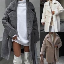 Enfärgad Mode Notch Lapel Långärmad Plyschfodrad Longline Jacka
