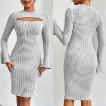 Sexig Rundhals Framhål Utskuren Volang Langeärmad Ribbad Bodycon Klänning