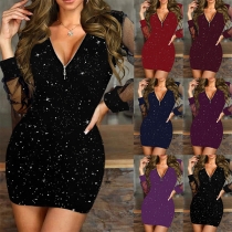 Sexig Bling-bling Glittrig Slits Långärmad Dragkedja V-ringad Bodycon Partyklänning