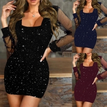 Sexig Bling-bling Gaze Slits långärmad fyrkantig hals Bodycon partyklänning