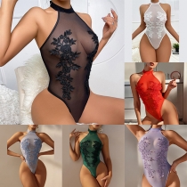 Sexig blommig broderad halvtransparent bodysuit för underkläder