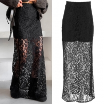 Elegant jacquard spets Maxikjol med halvgenomgången design
