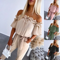 Sexig off-shoulder volang kortärmad jumpsuit med knytband