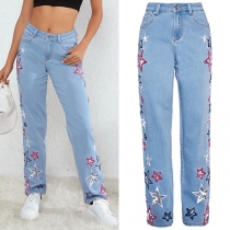 Mode Stjärna Broderade Raka gammaltvättade jeans