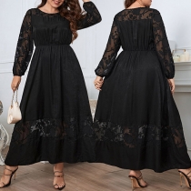 Mode Crew Neck Långärmad Jacquard Spets Splits Maxi Plus-size klänning