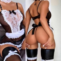 Sexig Mesh-nät Split Spets Back Tie Underkläder Bodysuit