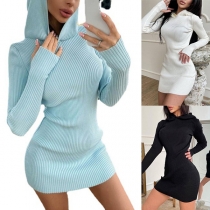 Mode Enfärgad Långärmad Kapuschong Ribbad Bodycon Klänning