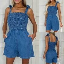Modern Smocked Bodice Self-tie axelrem Jeans Romper