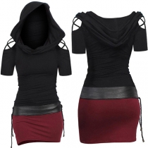 Fashion Kontrastfärgad Off-Shoulder Kortärmad Hoodie med Snörning i Sidorna Bodycon Klänning