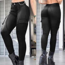 Mode enfärgade sidolappsfickor i PU-läder skinny jeans