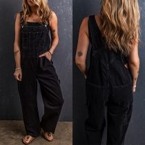 Street Style Mångfickad Rak Skuren Denim Overall