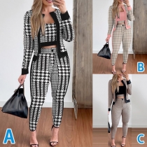 Mode-Hundtandsmönstrat tredelat set med kavaj, crop top och skinny byxor