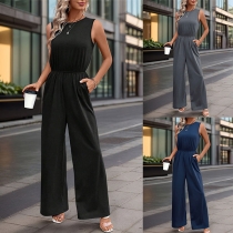 Ärmlös Casual Crew Neck jumpsuit med elastisk midja och rak skärning