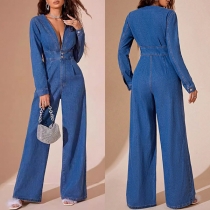 V-ringad Långärmad Högupphöjd Rak Skuren Denim Jumpsuit