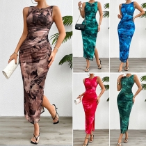 Modetryckt Rundhals ärmlös sidoslits Bodycon Klänning