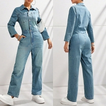 Moderna ståkrage långärmad med knappar fram raka linjer gammalt tvättad denim jumpsuit