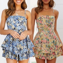 Modern stil blommigt tryckt fyrkantig hals rygglös Cami Romper