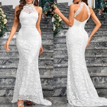 Elegant Halterneck rygglös asymmetrisk spets Bodycon festklänning